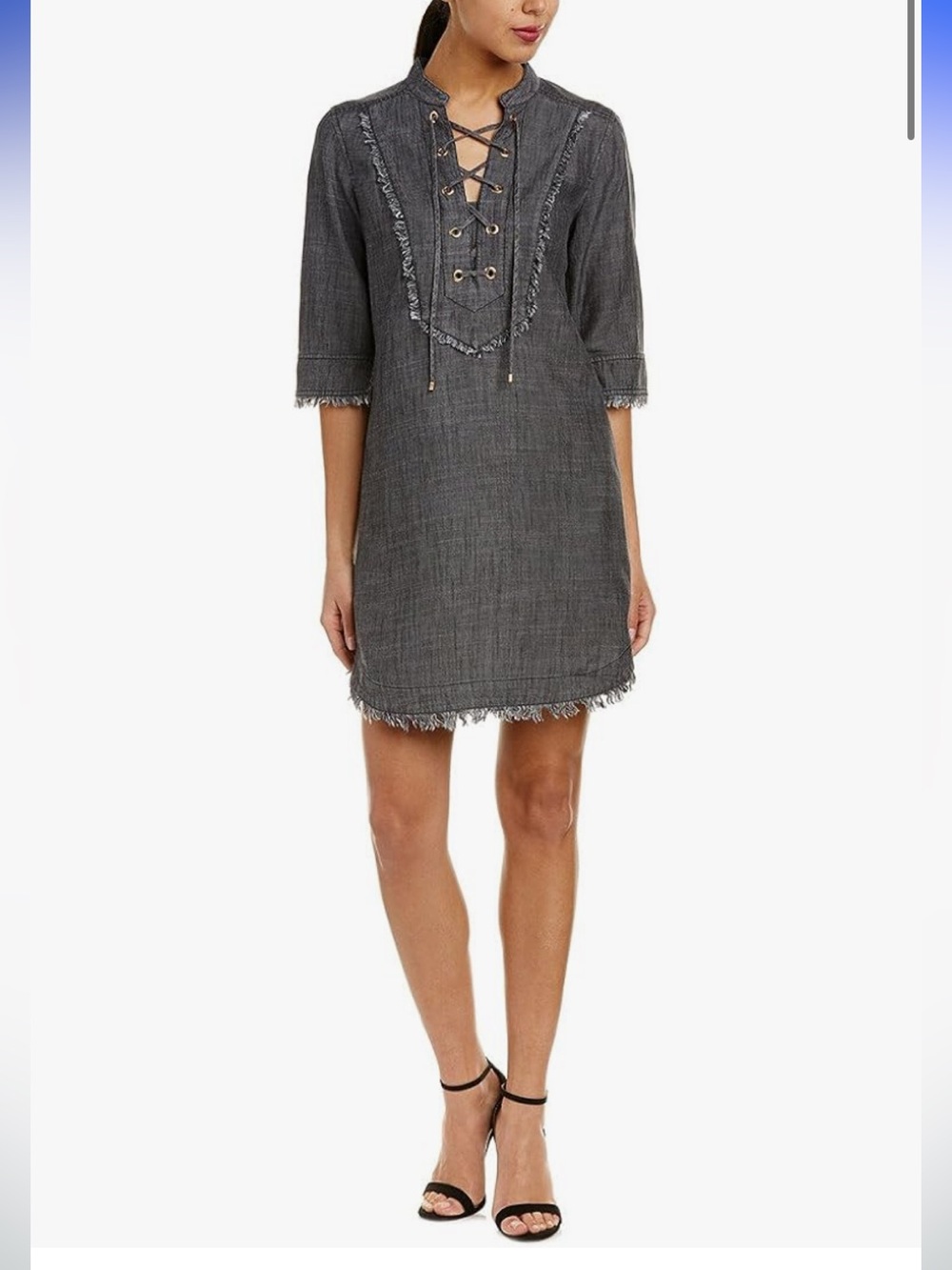 NWT Trina Turk Chambray Charcoal Shift Dress Opening Crosshatch Linen Raw Hem 6